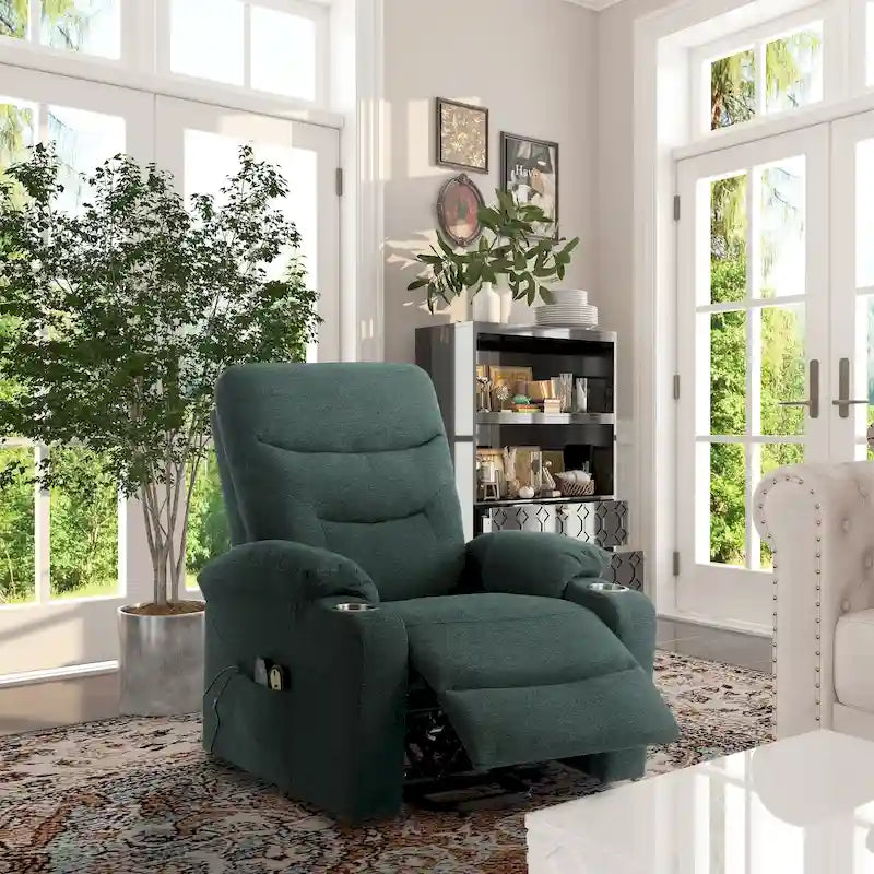 Sillón reclinable eléctrico tapizado con masaje y portavasos