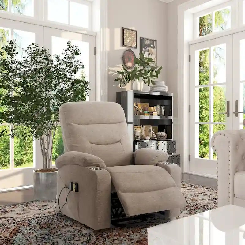 Sillón reclinable eléctrico tapizado con masaje y portavasos