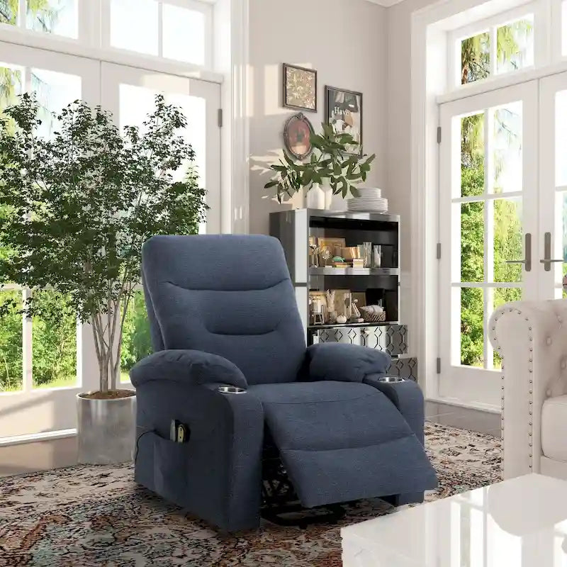 Sillón reclinable eléctrico tapizado con masaje y portavasos