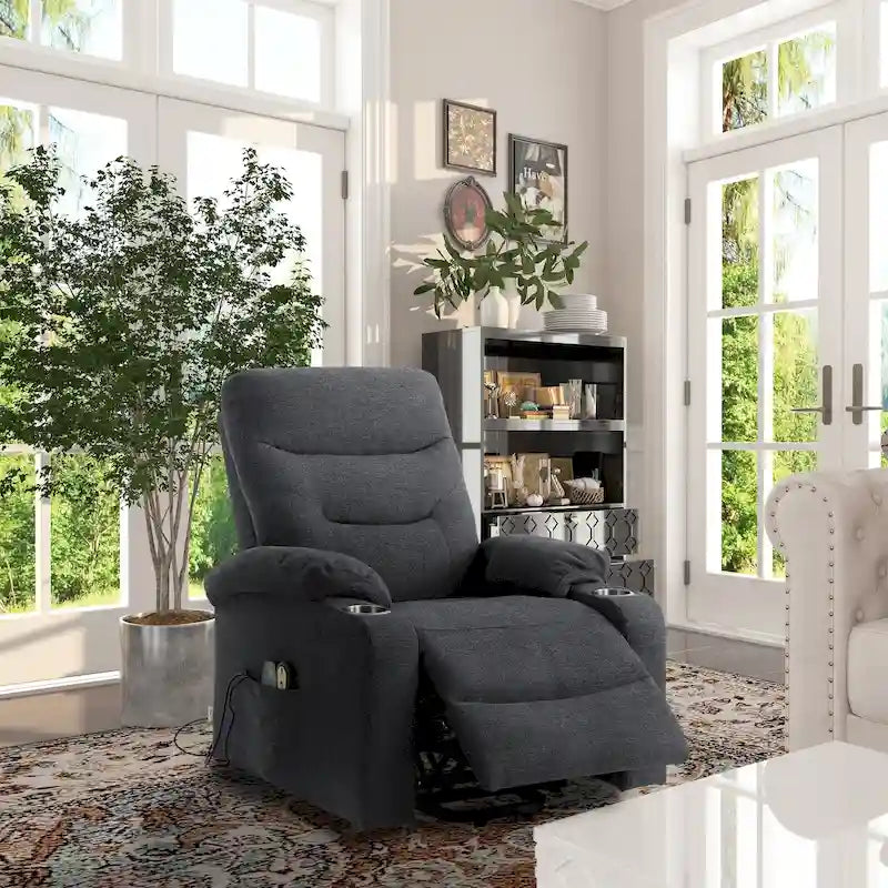 Sillón reclinable eléctrico tapizado con masaje y portavasos