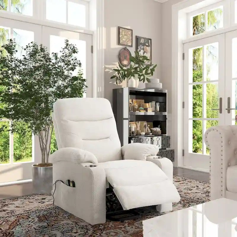 Sillón reclinable eléctrico tapizado con masaje y portavasos