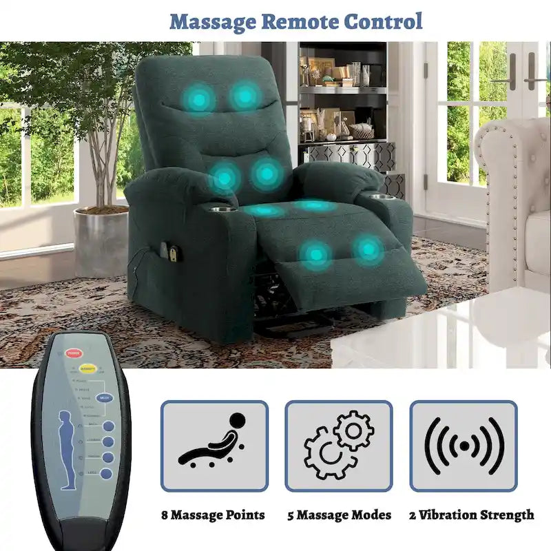 Sillón reclinable eléctrico tapizado con masaje y portavasos