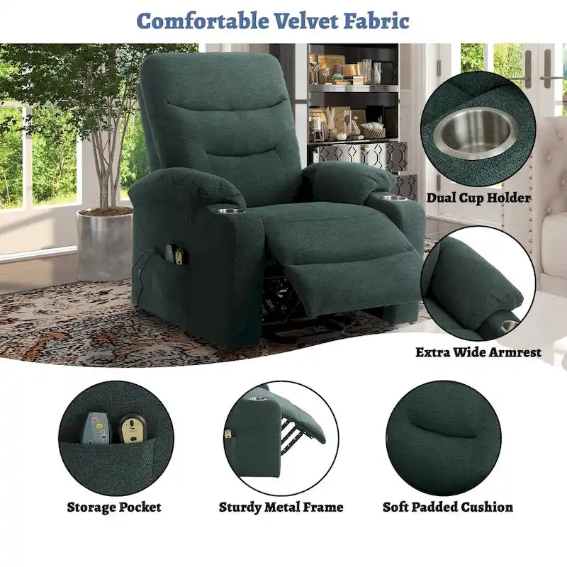 Sillón reclinable eléctrico tapizado con masaje y portavasos