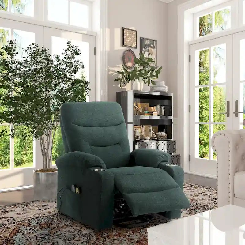 Sillón reclinable eléctrico tapizado con masaje y portavasos