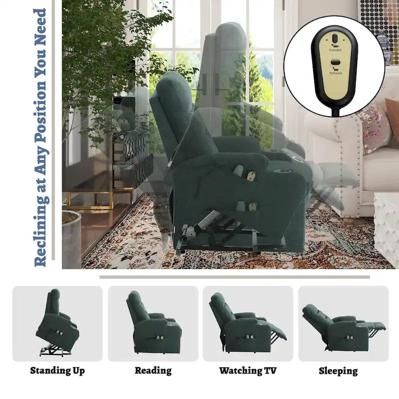 Sillón reclinable eléctrico tapizado con masaje y portavasos