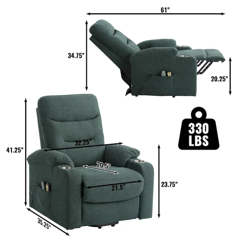 Sillón reclinable eléctrico tapizado con masaje y portavasos
