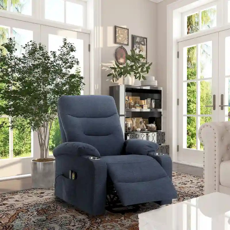 Sillón reclinable eléctrico tapizado con masaje y portavasos