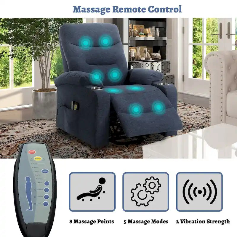 Sillón reclinable eléctrico tapizado con masaje y portavasos