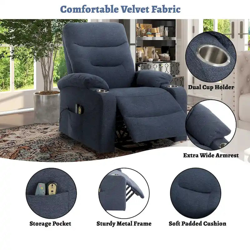 Sillón reclinable eléctrico tapizado con masaje y portavasos