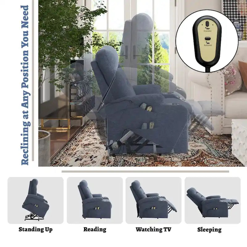 Sillón reclinable eléctrico tapizado con masaje y portavasos