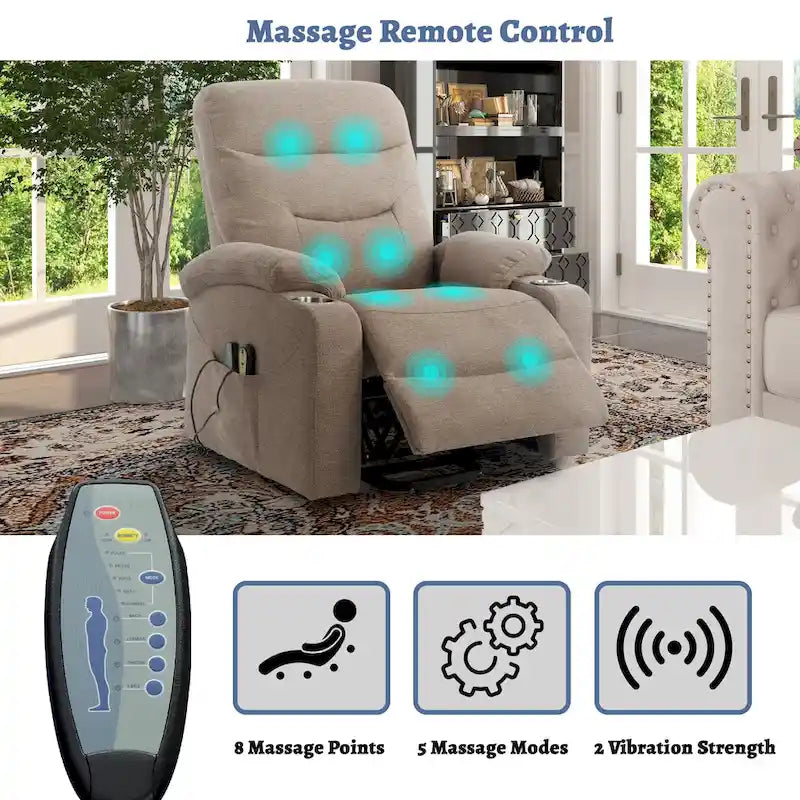 Sillón reclinable eléctrico tapizado con masaje y portavasos