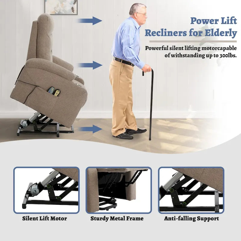 Sillón reclinable eléctrico tapizado con masaje y portavasos