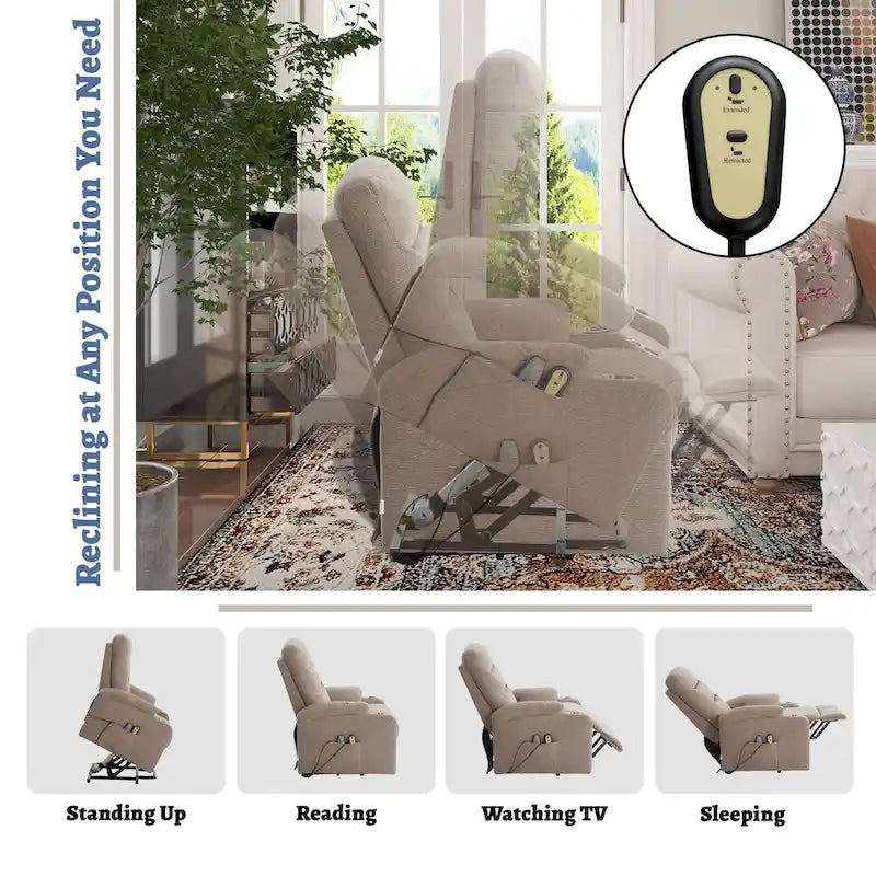 Sillón reclinable eléctrico tapizado con masaje y portavasos