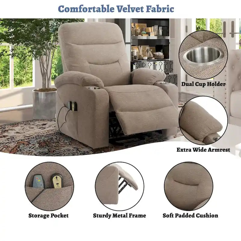 Sillón reclinable eléctrico tapizado con masaje y portavasos