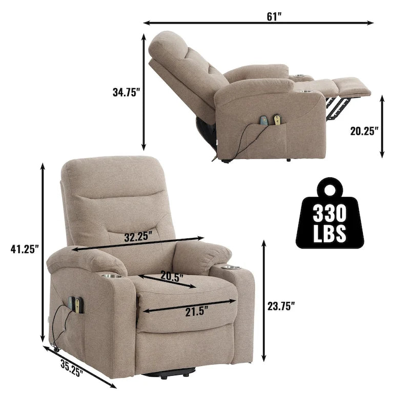 Sillón reclinable eléctrico tapizado con masaje y portavasos