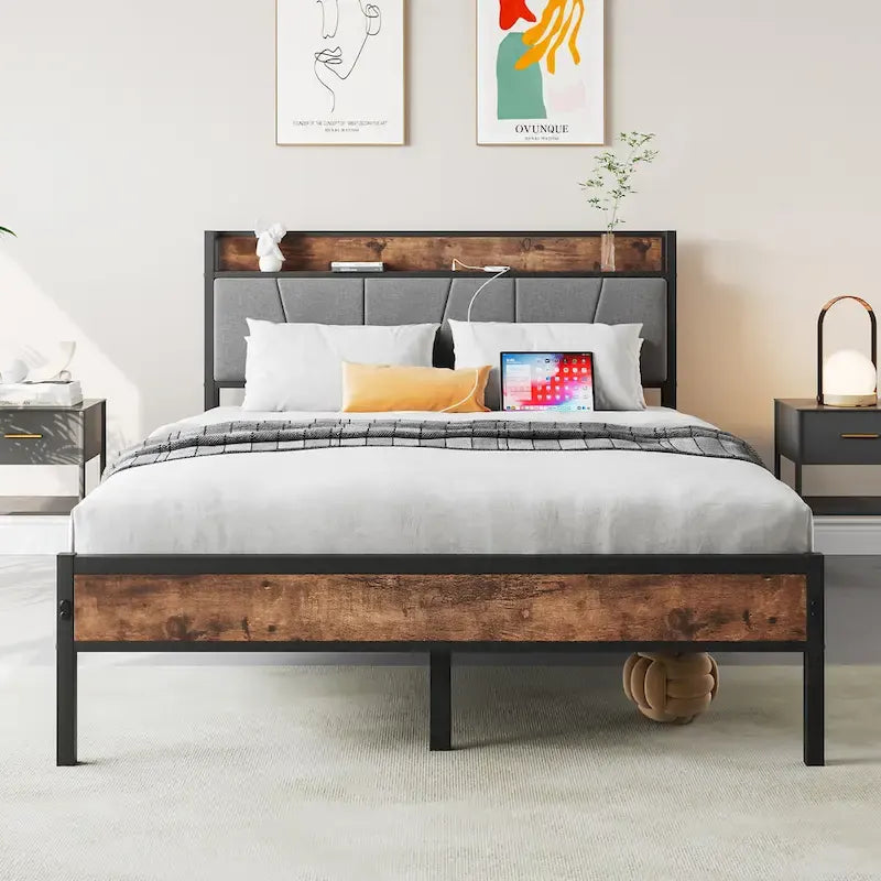 Full-Size Bed with Storage Headboard and Charging Station