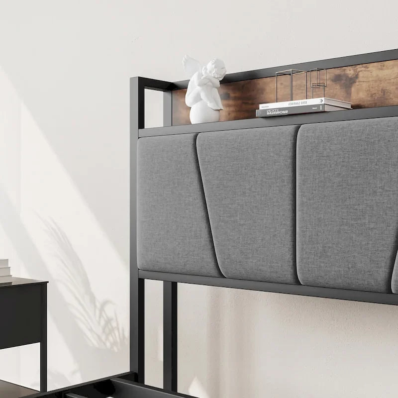 Full-Size Bed with Storage Headboard and Charging Station