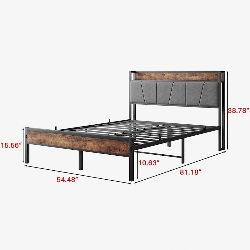 Full-Size Bed with Storage Headboard and Charging Station