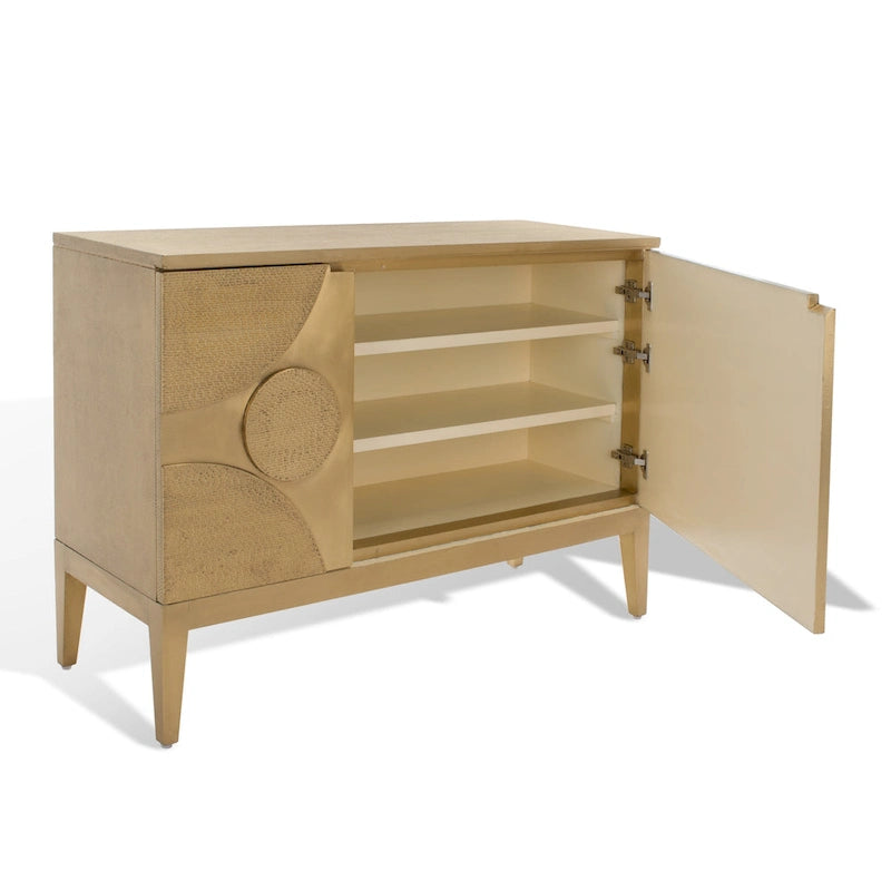 Aparador artesanal con estructura de madera reciclada y base revestida de latón