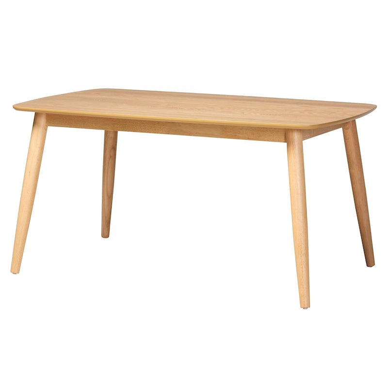 Mesa de comedor de estilo moderno de mediados de siglo con cubierta de chapa y estructura de madera de caucho