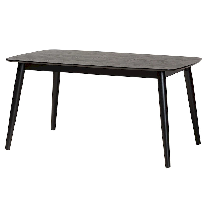 Mesa de comedor de estilo moderno de mediados de siglo con cubierta de chapa y estructura de madera de caucho