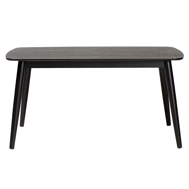 Mesa de comedor de estilo moderno de mediados de siglo con cubierta de chapa y estructura de madera de caucho