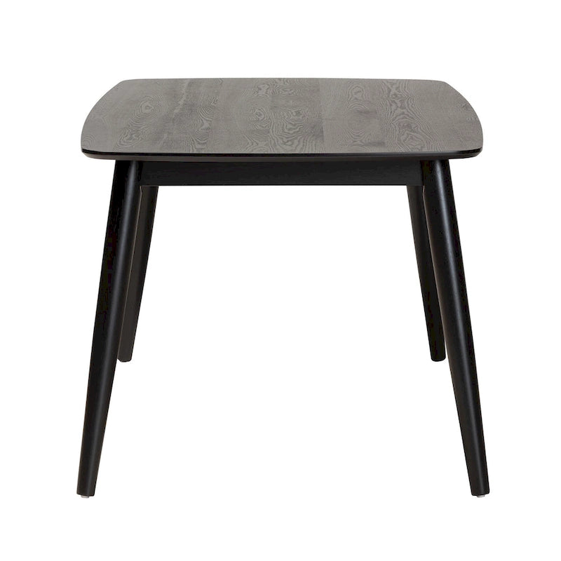 Mesa de comedor de estilo moderno de mediados de siglo con cubierta de chapa y estructura de madera de caucho
