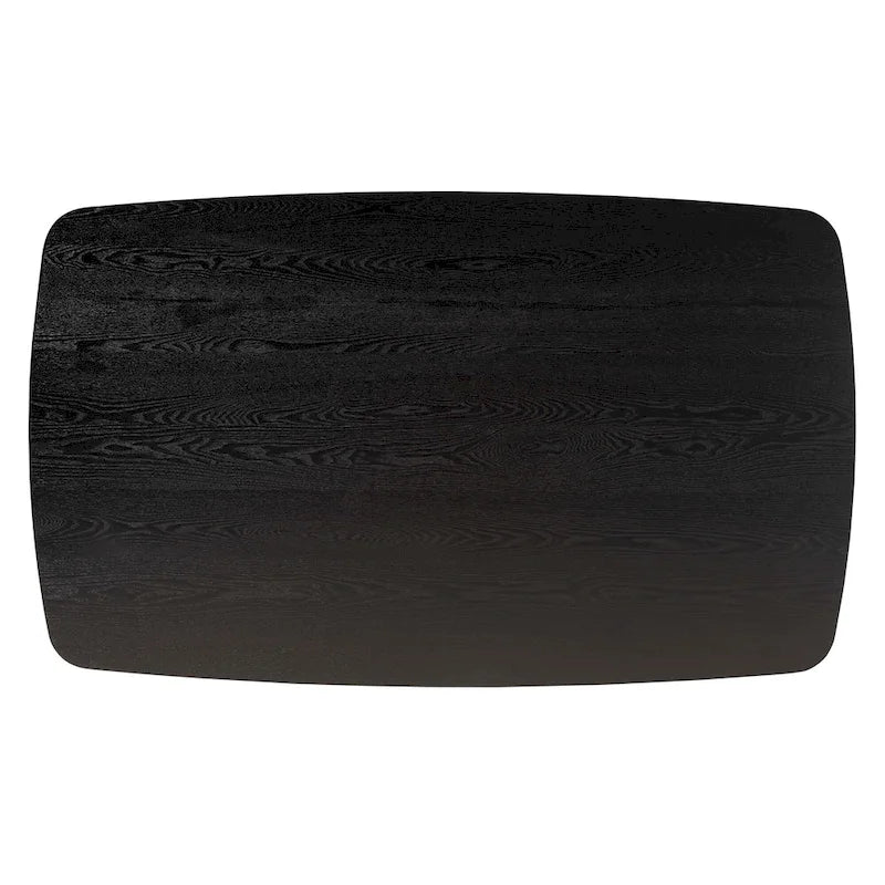 Mesa de comedor de estilo moderno de mediados de siglo con cubierta de chapa y estructura de madera de caucho