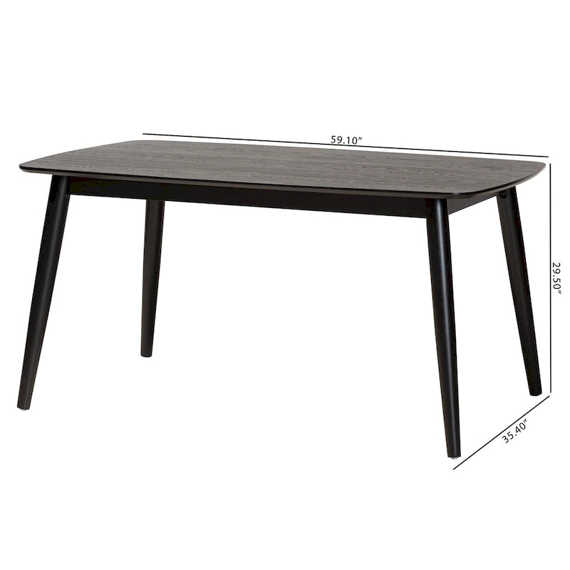 Mesa de comedor de estilo moderno de mediados de siglo con cubierta de chapa y estructura de madera de caucho
