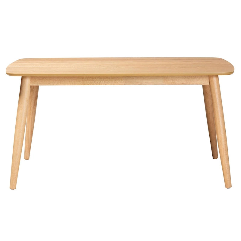 Mesa de comedor de estilo moderno de mediados de siglo con cubierta de chapa y estructura de madera de caucho