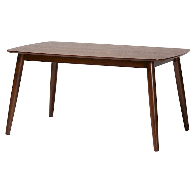 Mesa de comedor de estilo moderno de mediados de siglo con cubierta de chapa y estructura de madera de caucho