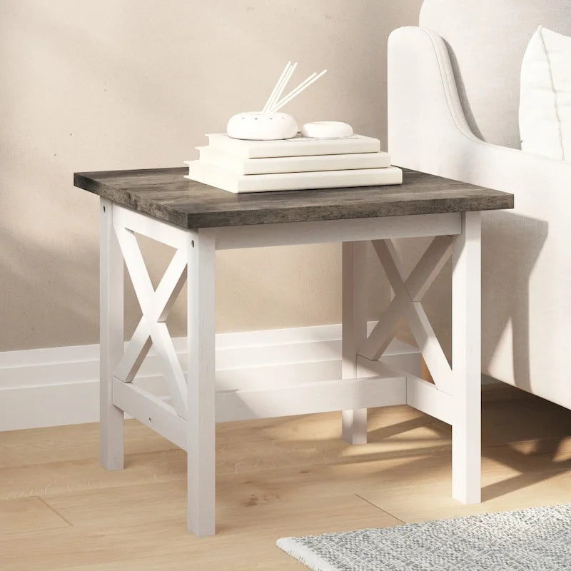Mesa auxiliar estilo granja de madera maciza con laterales en forma de X