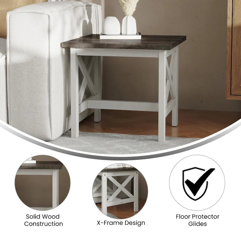 Mesa auxiliar estilo granja de madera maciza con laterales en forma de X