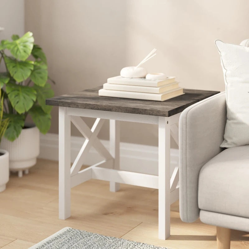 Mesa auxiliar estilo granja de madera maciza con laterales en forma de X