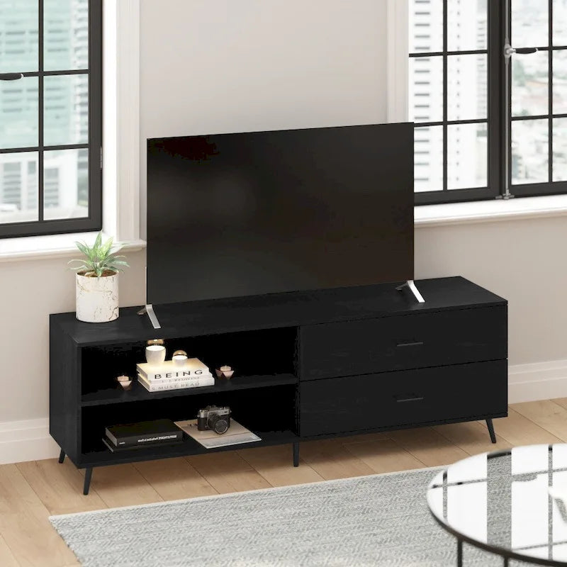 Mueble para TV de estilo moderno de mediados de siglo con estantes ajustables y 2 cajones