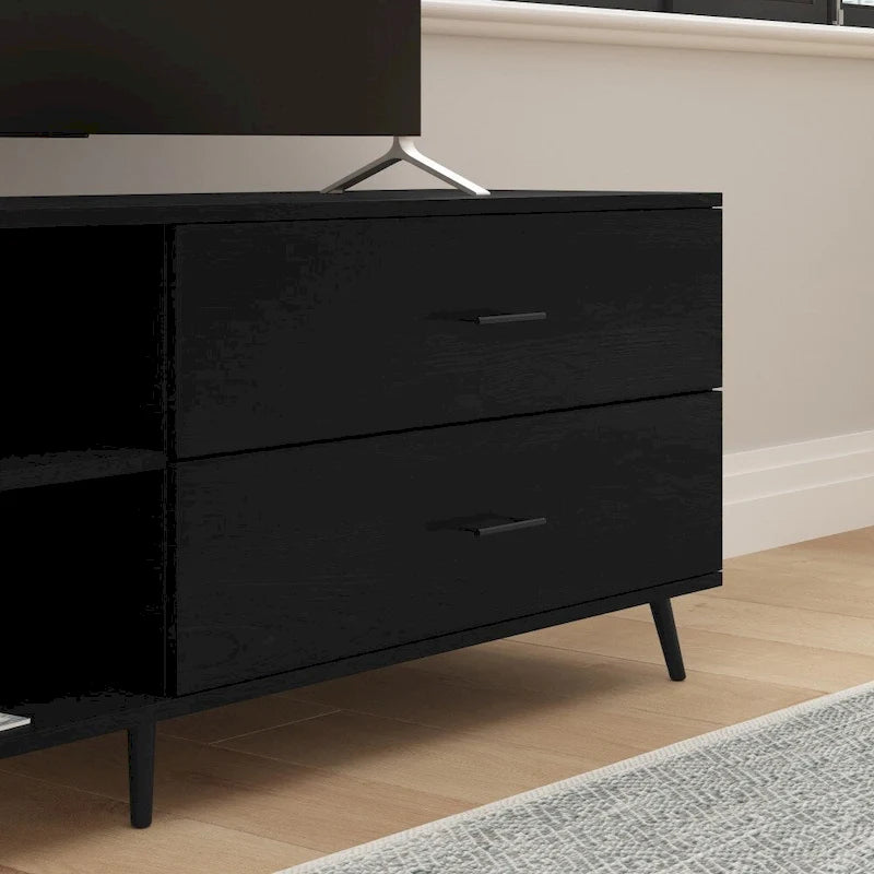 Mueble para TV de estilo moderno de mediados de siglo con estantes ajustables y 2 cajones