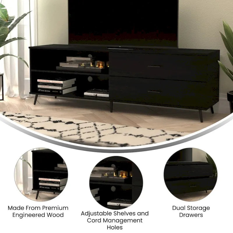 Mueble para TV de estilo moderno de mediados de siglo con estantes ajustables y 2 cajones