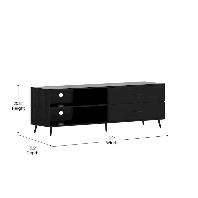 Mueble para TV de estilo moderno de mediados de siglo con estantes ajustables y 2 cajones