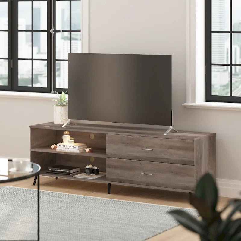 Mueble para TV de estilo moderno de mediados de siglo con estantes ajustables y 2 cajones