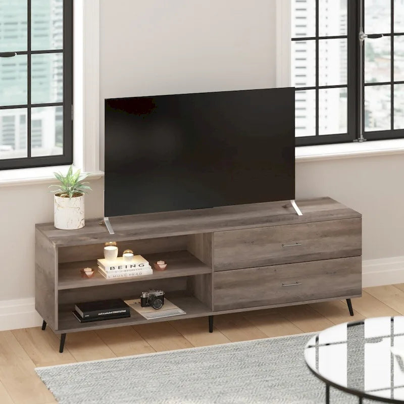 Mueble para TV de estilo moderno de mediados de siglo con estantes ajustables y 2 cajones