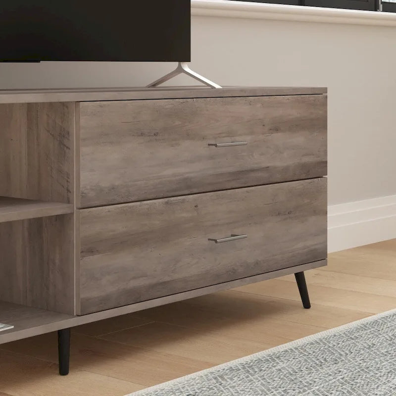 Mueble para TV de estilo moderno de mediados de siglo con estantes ajustables y 2 cajones