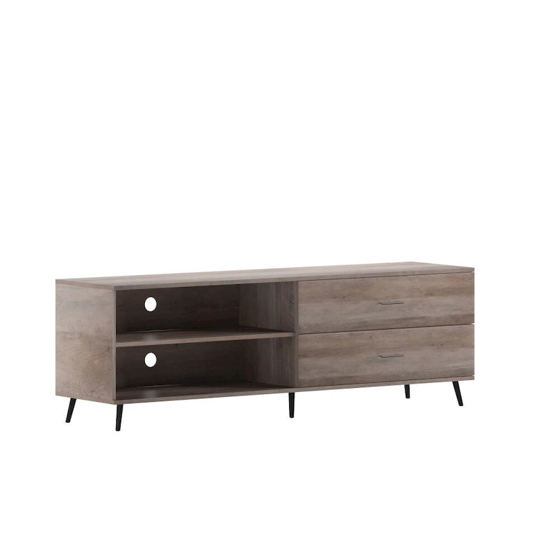 Mueble para TV de estilo moderno de mediados de siglo con estantes ajustables y 2 cajones