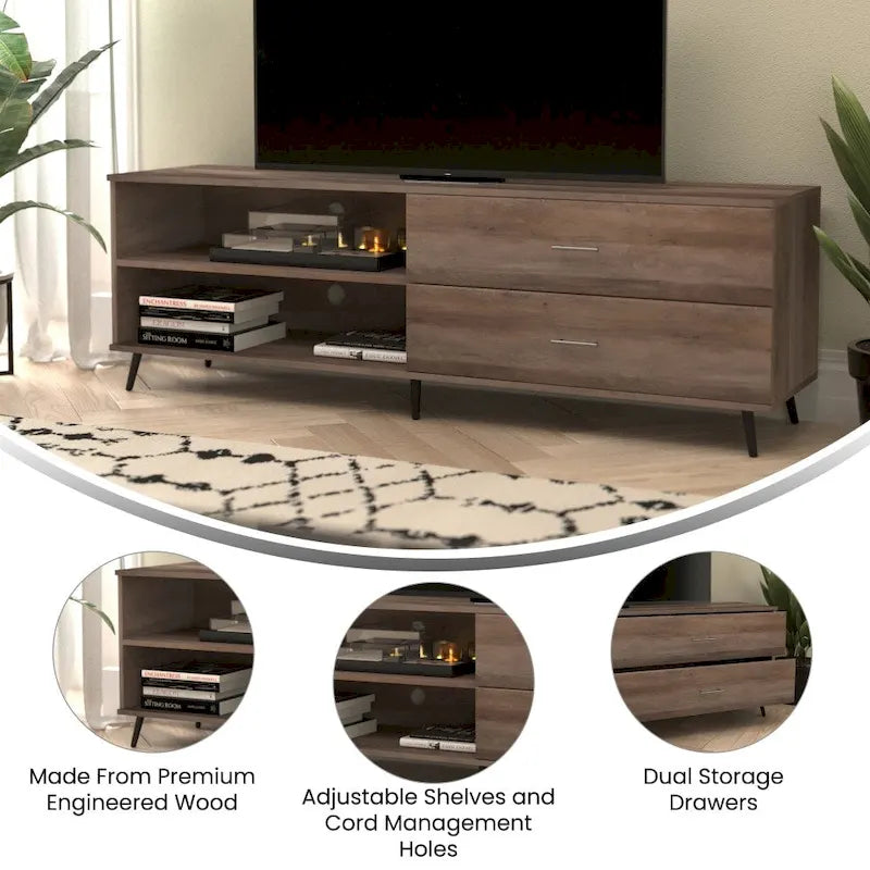 Mueble para TV de estilo moderno de mediados de siglo con estantes ajustables y 2 cajones