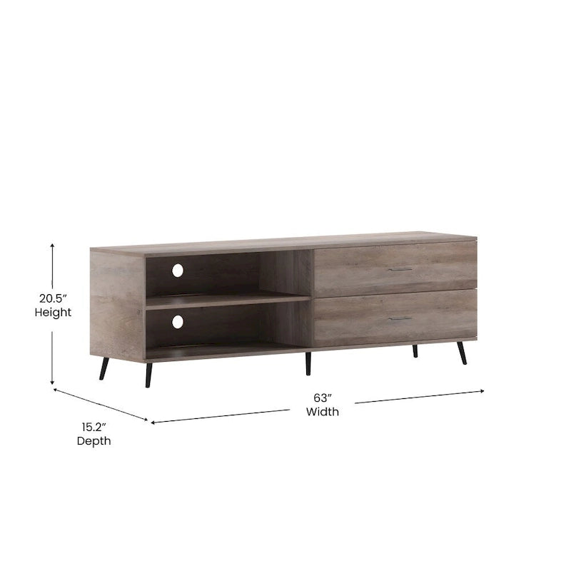 Mueble para TV de estilo moderno de mediados de siglo con estantes ajustables y 2 cajones