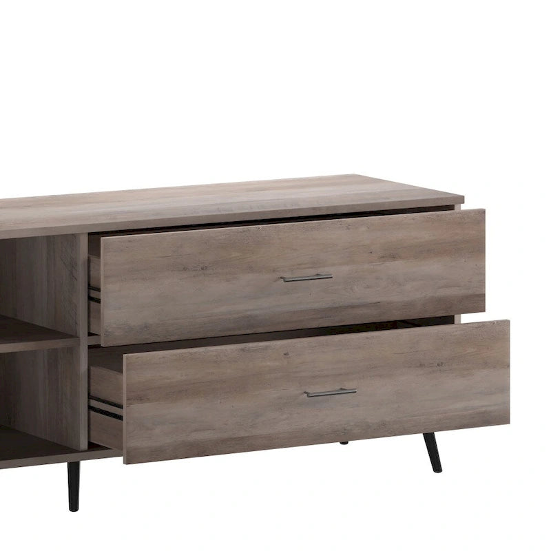 Mueble para TV de estilo moderno de mediados de siglo con estantes ajustables y 2 cajones
