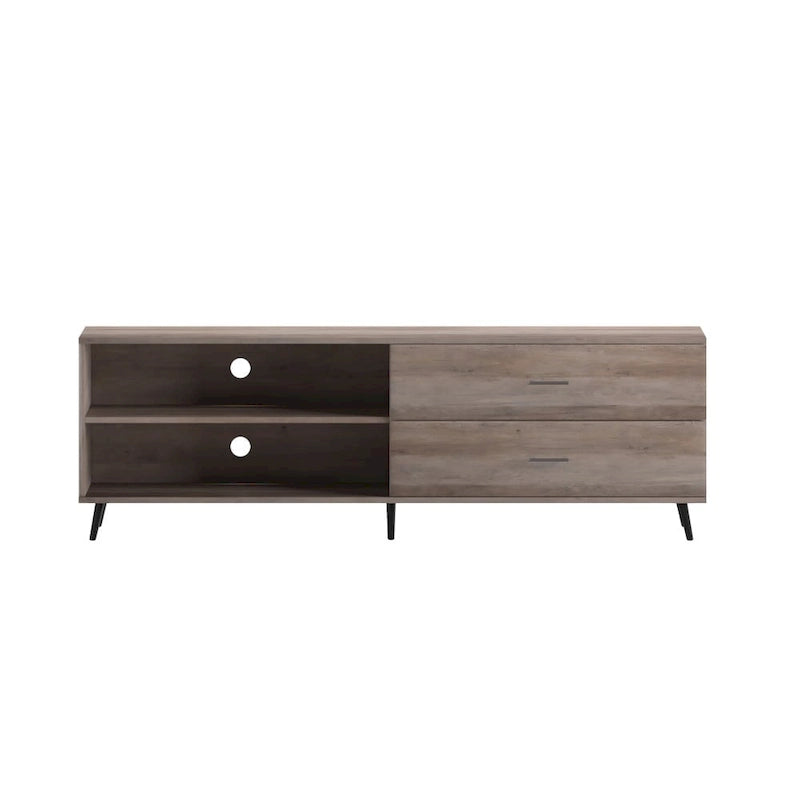 Mueble para TV de estilo moderno de mediados de siglo con estantes ajustables y 2 cajones