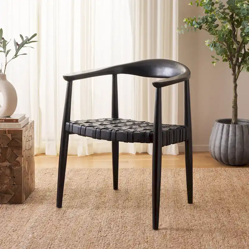 Sillón auxiliar de cuero tejido negro y madera maciza