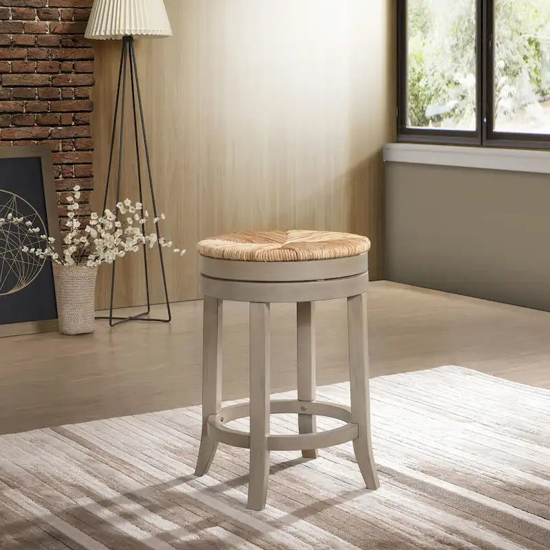 Taburete giratorio de mostrador de 24 pulgadas, gris y beige, con asiento tejido de junco