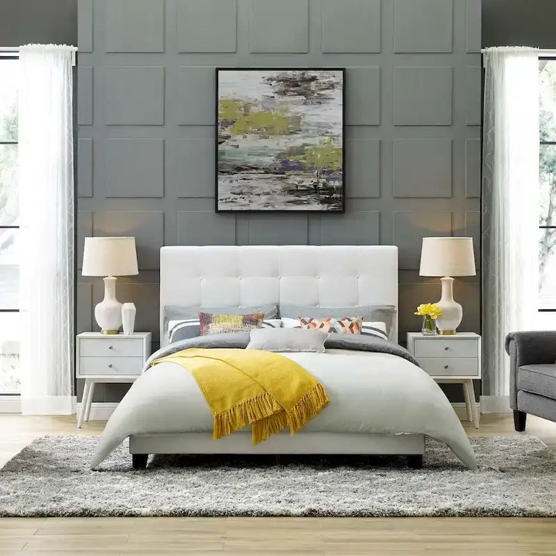 Cama de plataforma tapizada tamaño Queen con capitoné de botones