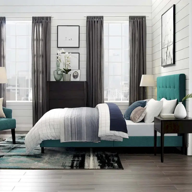 Cama de plataforma tapizada tamaño Queen con capitoné de botones